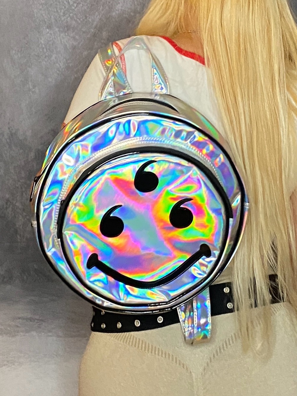 666 Holographic Smiley PVC Cyber Rave Grunge Backpack RARE - Picture 9 of 16